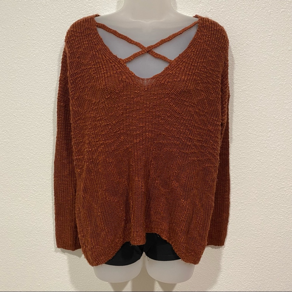 brown orange criss cross knit v neck sweater long sleeve top shirt